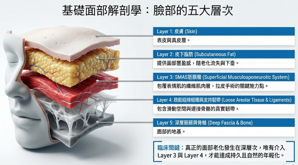 臉部五大解剖層次：皮膚、皮下脂肪、SMAS筋膜層、疏鬆結締組織、深層筋膜骨骼