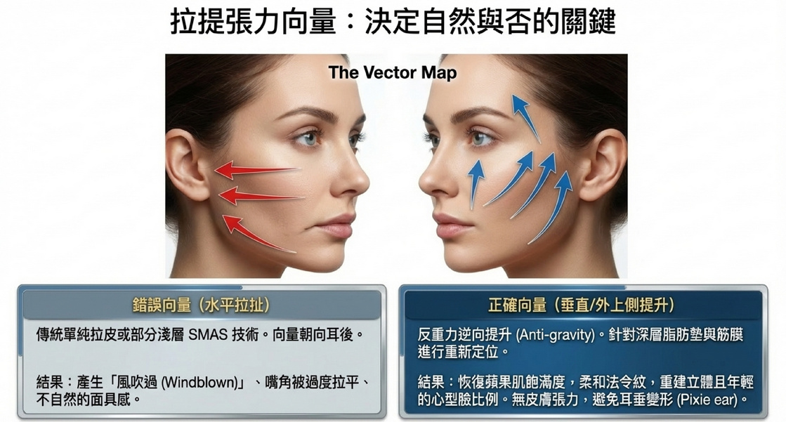 拉提張力向量圖：錯誤水平拉扯vs正確垂直外上側提升，決定手術是否自然