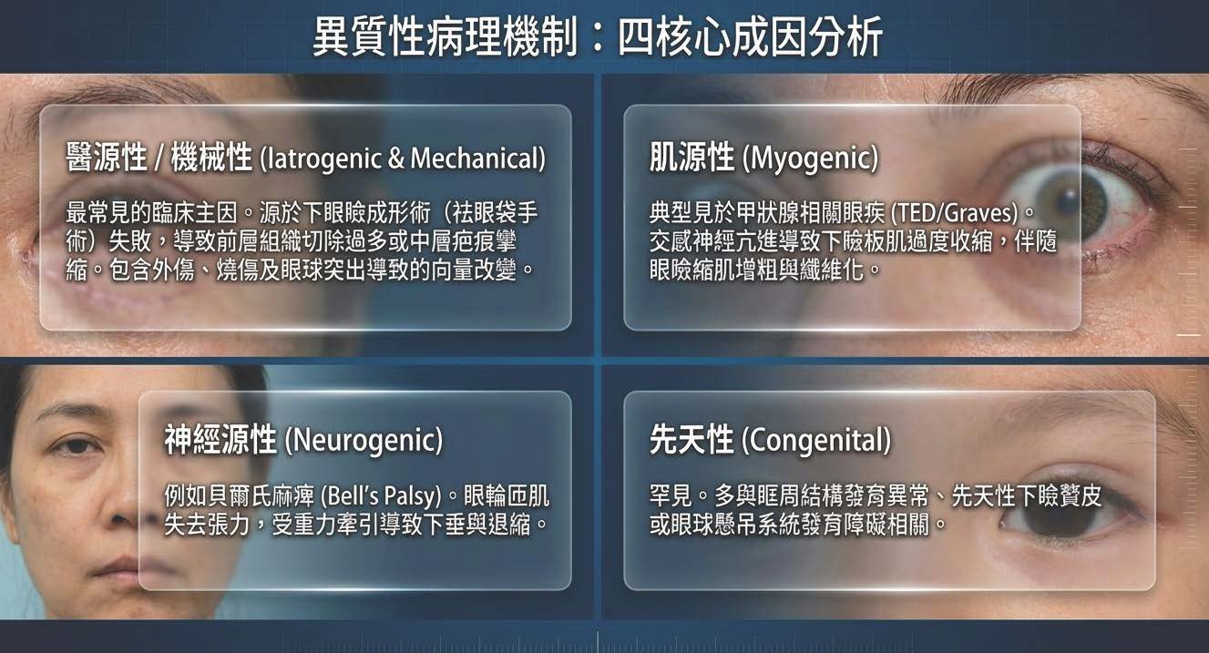 下眼瞼退縮病理機制成因分析：醫源性、肌源性、神經源性與先天性
