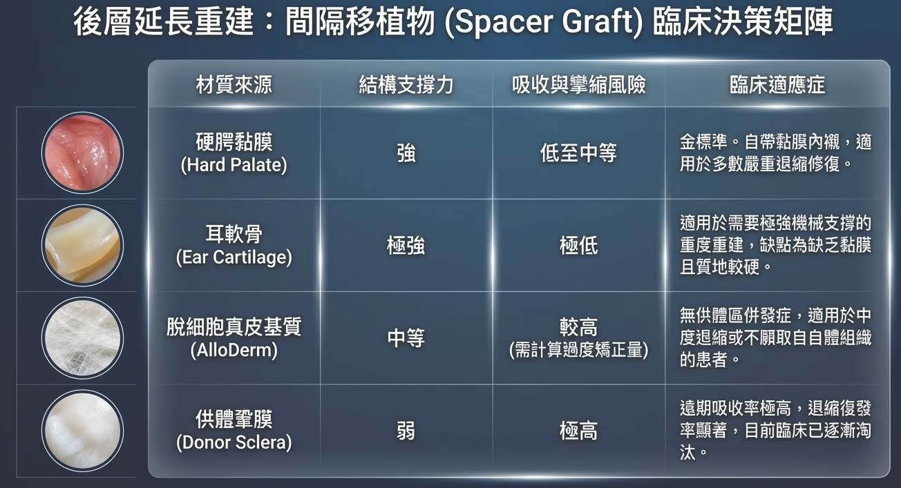 間隔移植物(Spacer Graft)臨床決策矩陣：硬顎黏膜、耳軟骨與AlloDerm比較