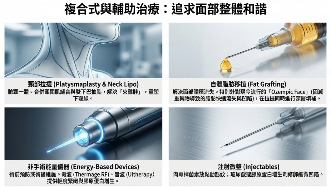 複合式輔助治療：頸部拉提、自體脂肪移植、非手術能量儀器、注射微整