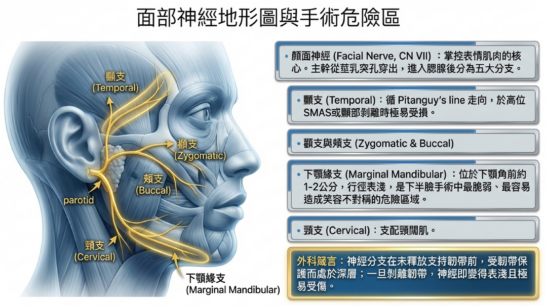 面部神經地形圖：顳支、顴支、頰支、下頷緣支、頸支與手術危險區
