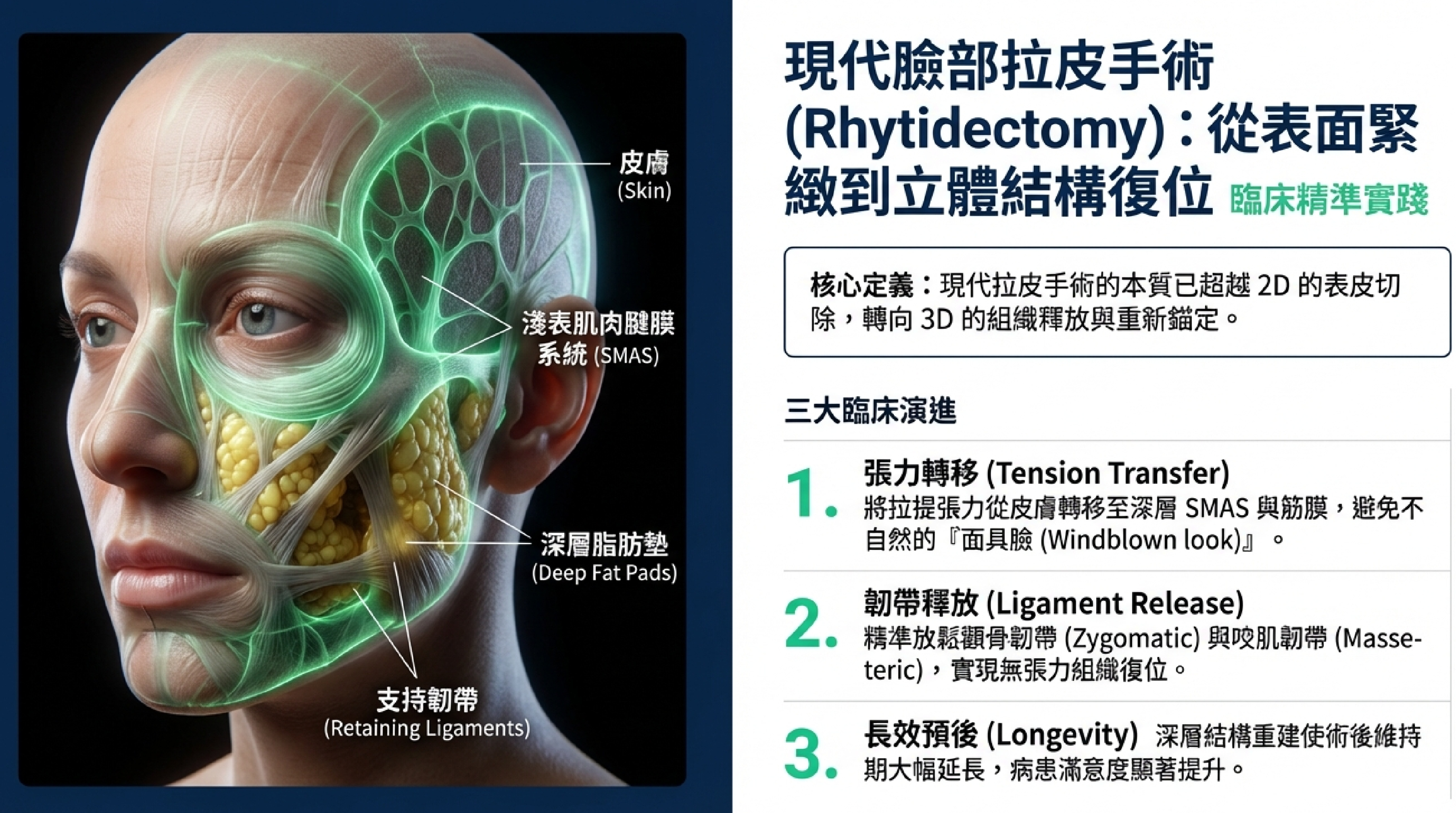 現代臉部拉皮手術概述：從皮膚表面緊緻到立體結構復位的3D重塑技術