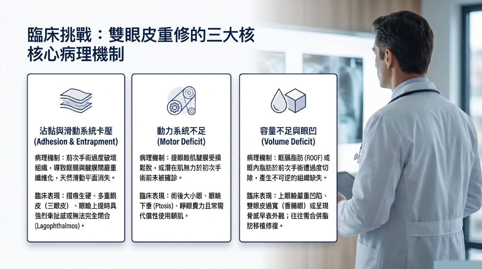 雙眼皮重修三大核心病理機制：沾黏與滑動系統卡壓、提眼瞼肌動力系統不足、眶膈脂肪容量不足