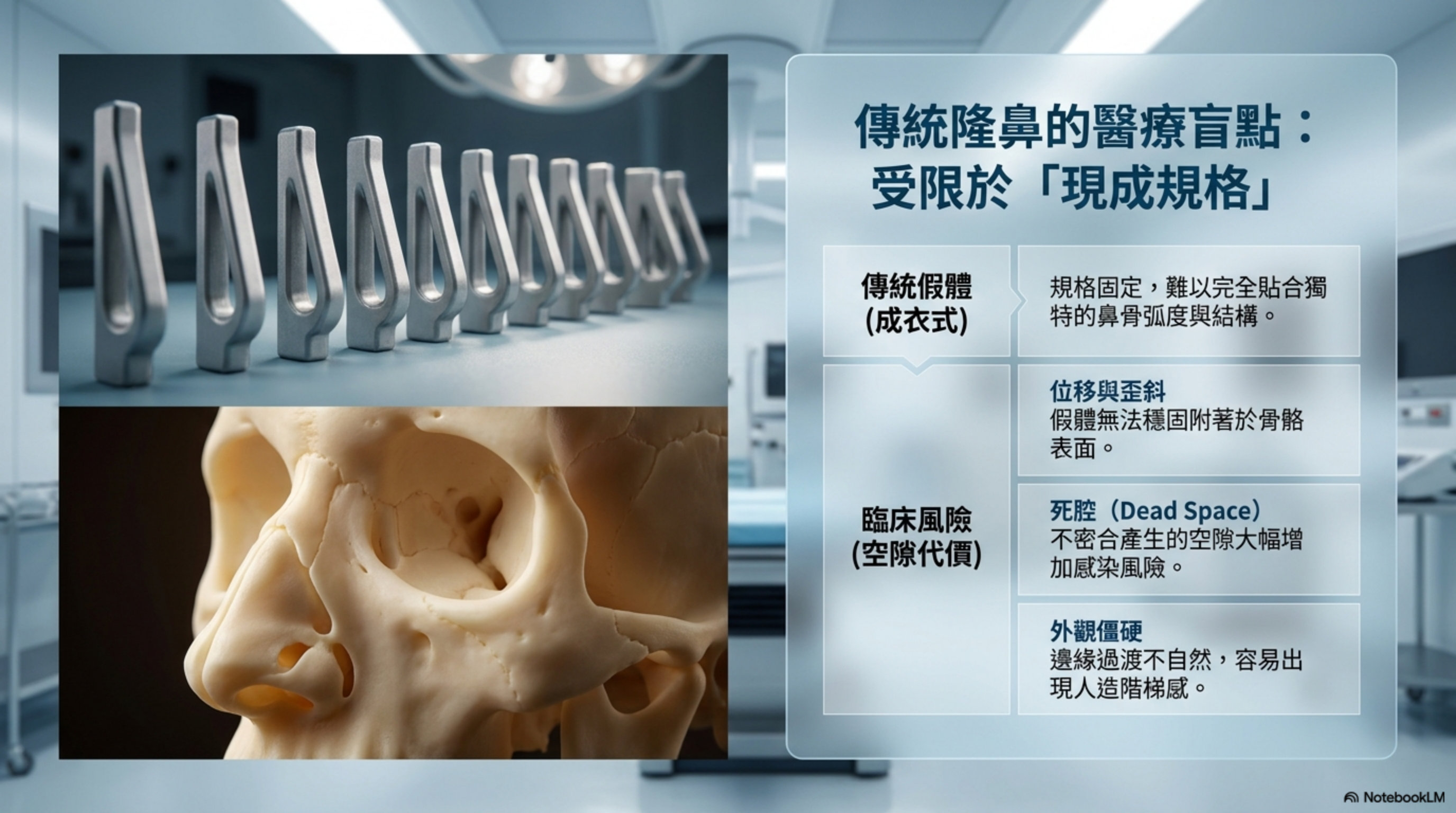 傳統隆鼻醫療盲點：受限於現成規格的假體，導致位移、死腔、感染等臨床風險