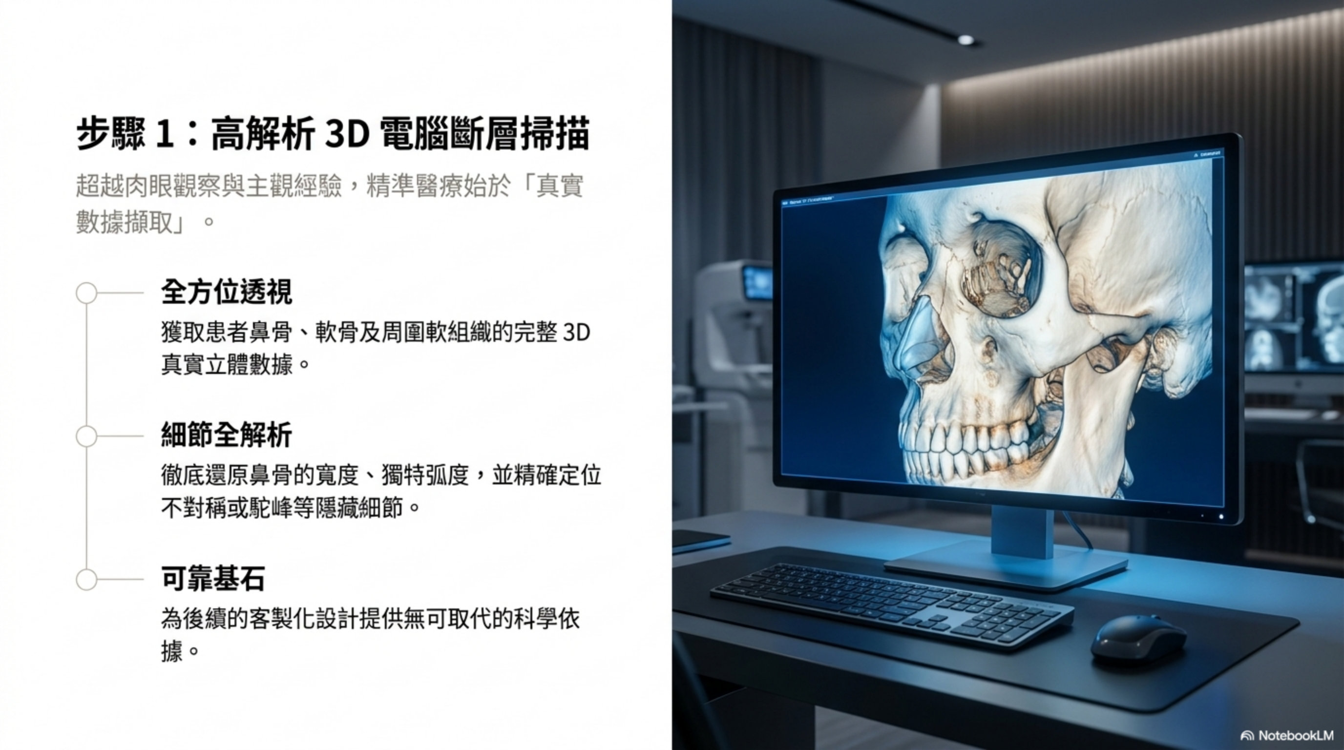 步驟一：高解析 3D 電腦斷層掃描，獲取鼻骨、軟骨與軟組織的完整 3D 立體數據