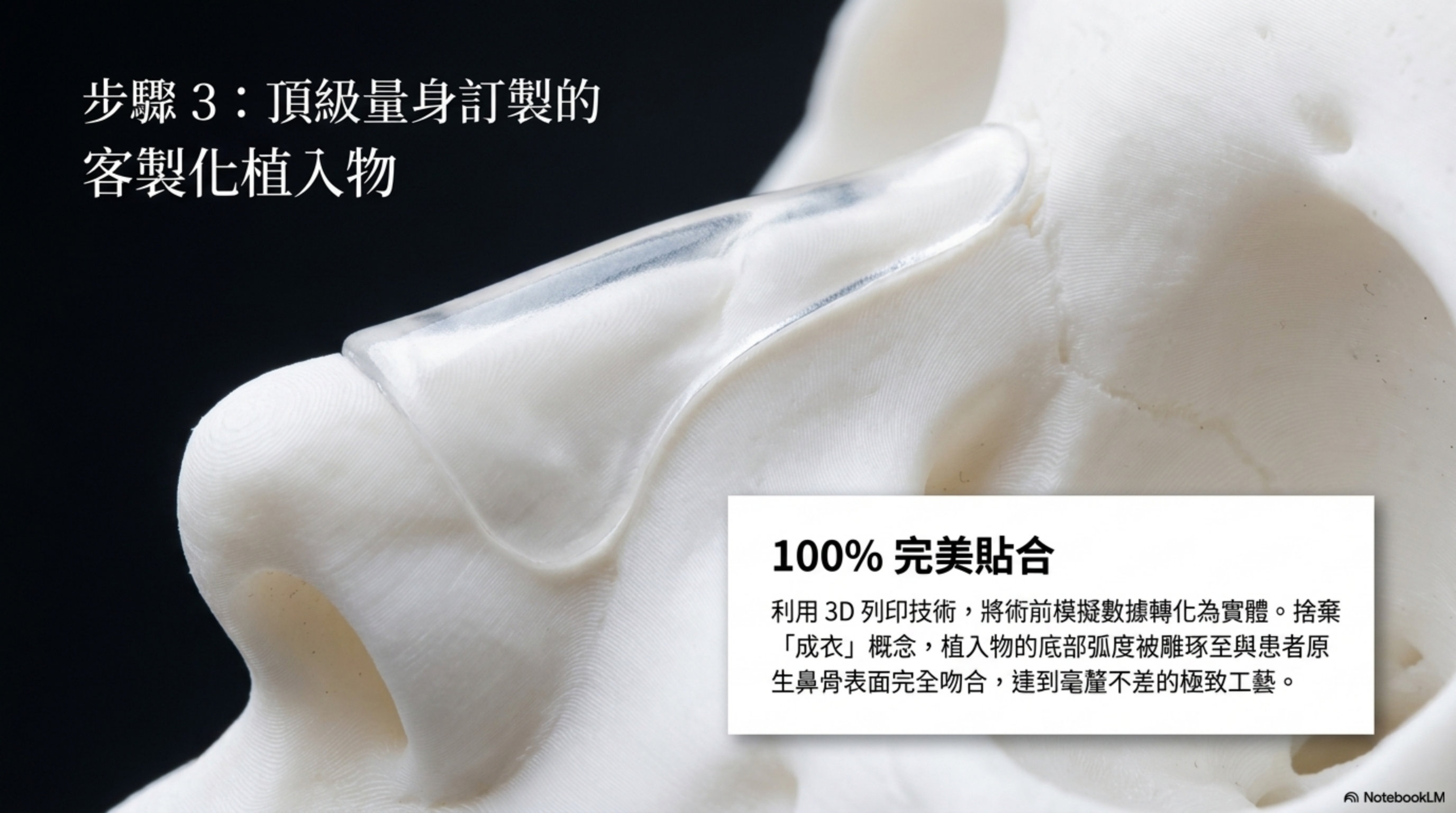 步驟三：頂級量身訂製的客製化 3D 列印植入物，達成 100% 完美貼合