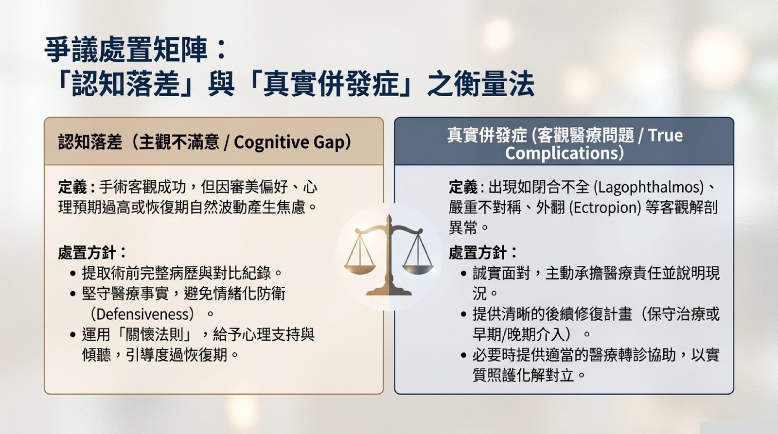 爭議處置矩陣：認知落差（主觀不滿）與真實併發症（客觀醫療問題）之衡量法