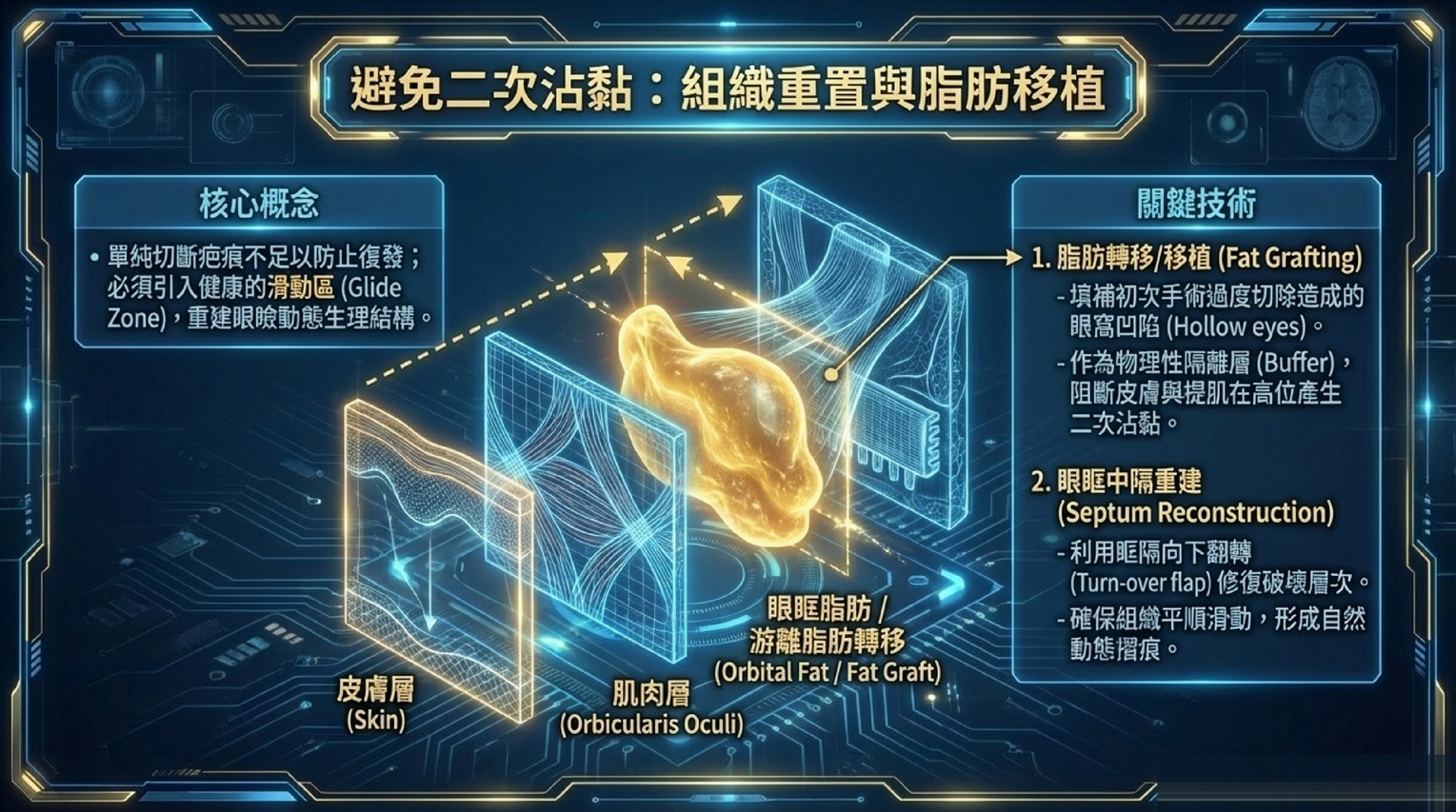 雙眼皮重修脂肪轉移移植與眼眶中膈重建技術