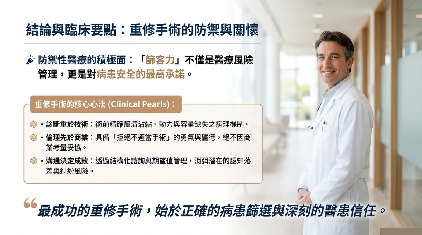 結論與臨床要點：重修手術的防禦與關懷，篩客力是對病患安全的最高承諾