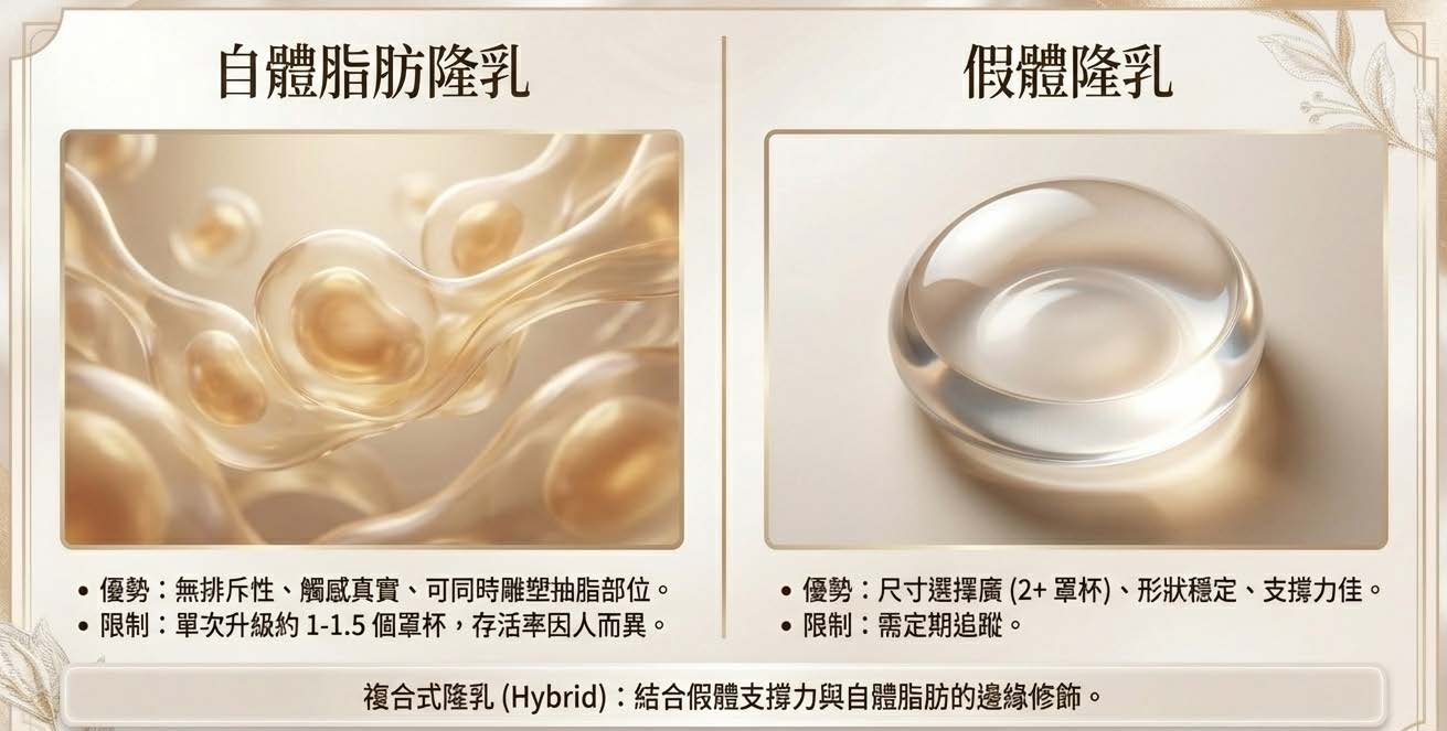 自體脂肪隆乳與假體隆乳優缺點對比